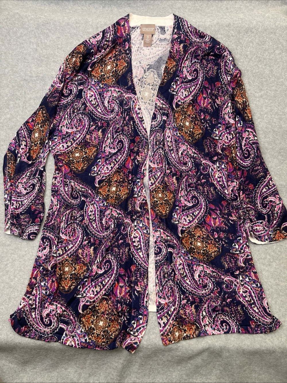 Chico’s Pink Blue Orange Open Cardigan Sweater Size XL (3) Paisley 3/4 Sleeve